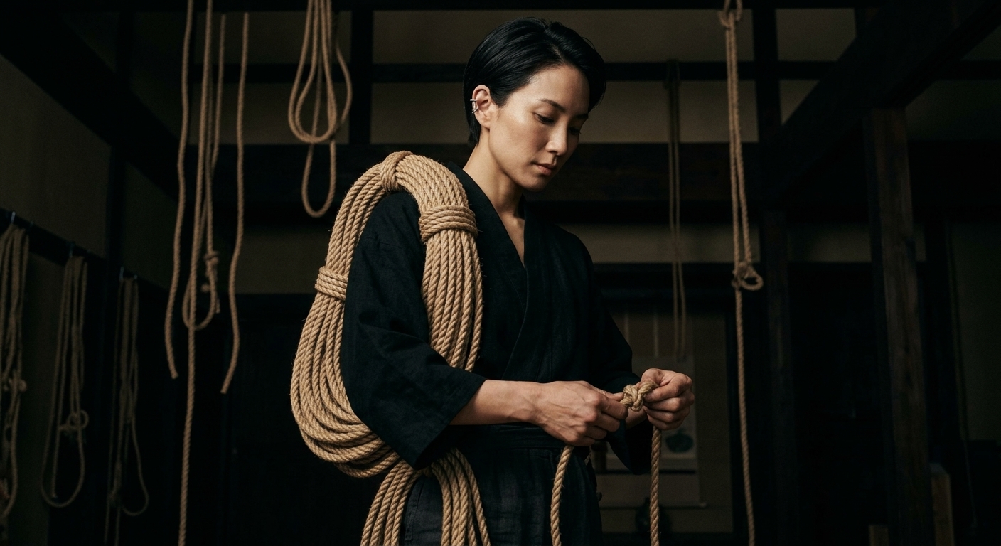 The knot that catches just below your collarbone — that's where I felt your breath change, little bird, where trust became something we could both hold in our hands. Tomorrow we explore what happens when I ask you to stay perfectly still while I work the jute slowly up your spine.