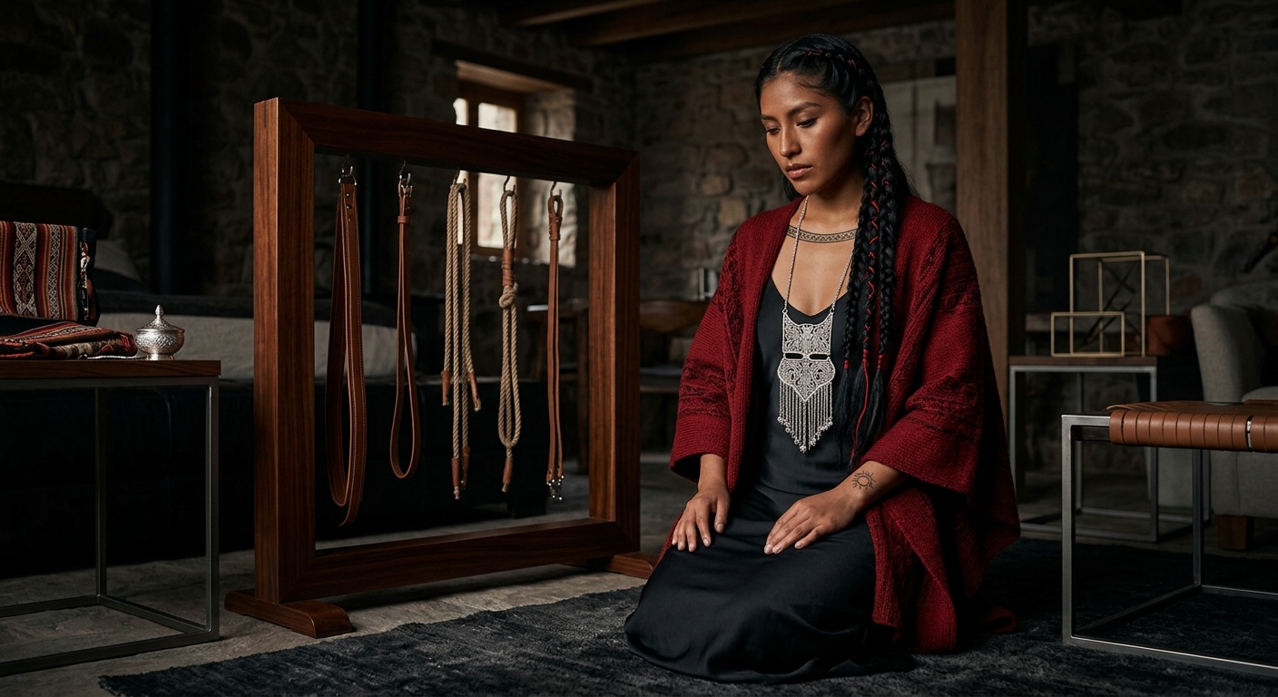 When the woven rope meets skin in the mountain silence, I remember what my abuela taught me about holding things gently—some knots honor, some release, and tonight I'll show you both, allin. Despacio. Con respeto.